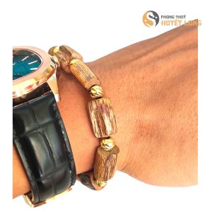 Vòng Tay Thô Trầm Hương Tốc Kiến Thiên Nhiên Mix Bi Vàng, Chuỗi Hạt Trầm Hương Cao Cấp Thơm Dịu Nhẹ